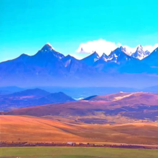 mountains in the distance with a field and a farm in the foreground