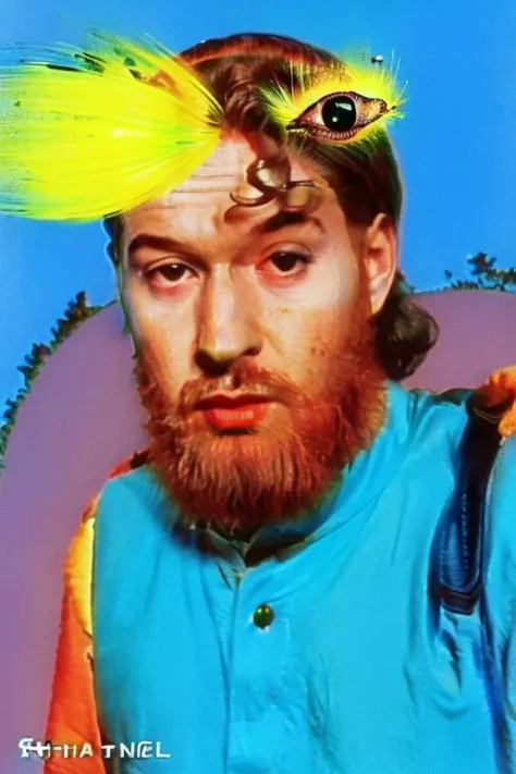 a close up of a man with a beard and a yellow mohawk