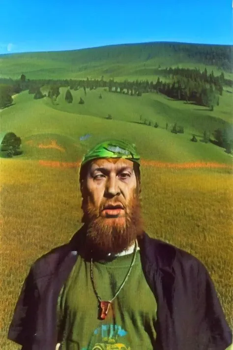 there is a man with a beard and a green shirt