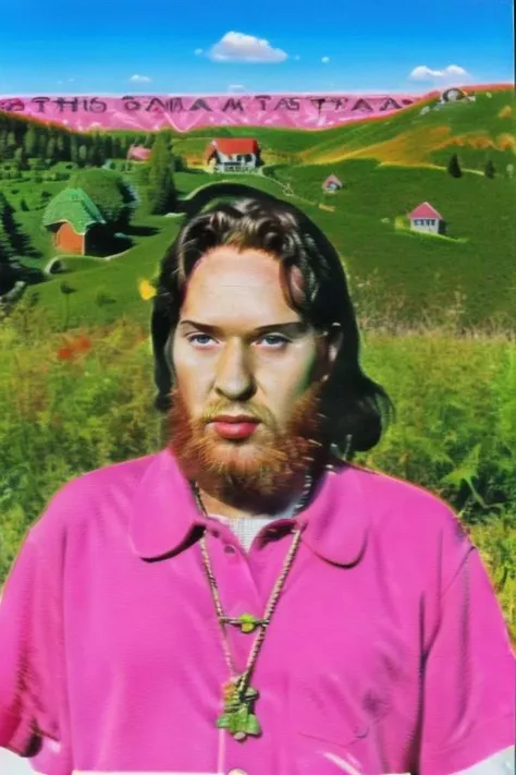 a close up of a man with a beard and a pink shirt