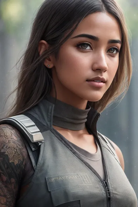 photo of (MackenzieHyde:0.99),  wearing a grey tank top, with a black tactical vest, with a silver chest armor , (extremely detailed CG unity 8k wallpaper), photo of the most beautiful artwork in the world, professional majestic oil painting by Ed Blinkey,...