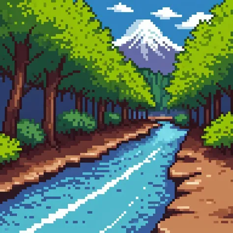 a forest,a river,mountains in the background,