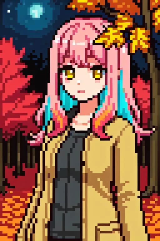 a woman with pink hair and a yellow jacket standing in front of a tree