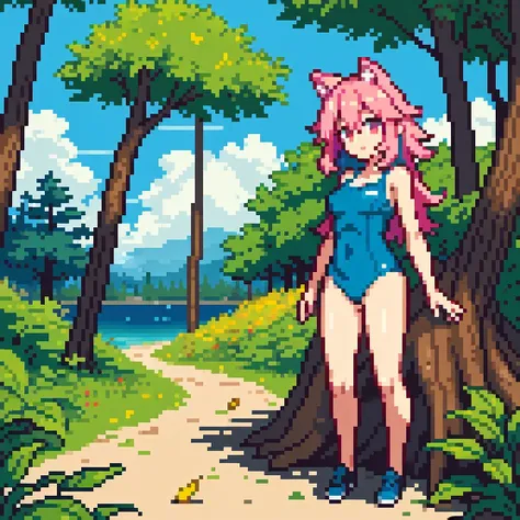 a woman in a bathing suit standing in the woods