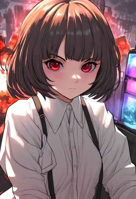 anime girl with red eyes sitting in front of a computer