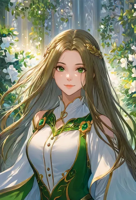 a woman with long hair and green dress standing in a forest