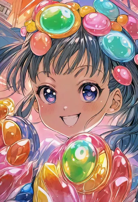 anime girl with a bunch of candy in her hair