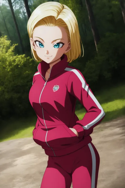 android18, 1girl, solo, blue eyes, blonde hair, short hair,
track jacket, pink jacket, track suit, long sleeves, track pants, pink pants,
smile,closed mouth,cowboy shot, hands in pocket,
forest,outdoor,
(insanely detailed, beautiful detailed face, masterpi...