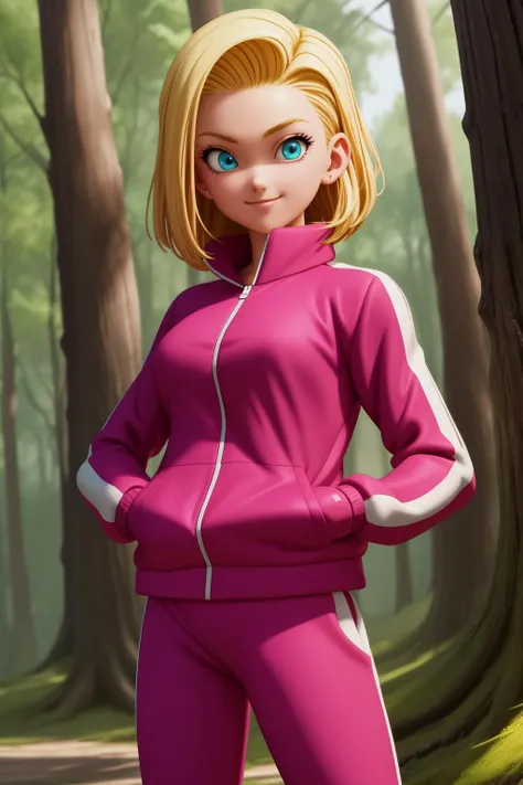 android18, 1girl, solo, blue eyes, blonde hair, short hair,
track jacket, pink jacket, track suit, long sleeves, track pants, pink pants,
smile,closed mouth,cowboy shot, hands in pocket,
forest,outdoor,
(insanely detailed, beautiful detailed face, masterpi...