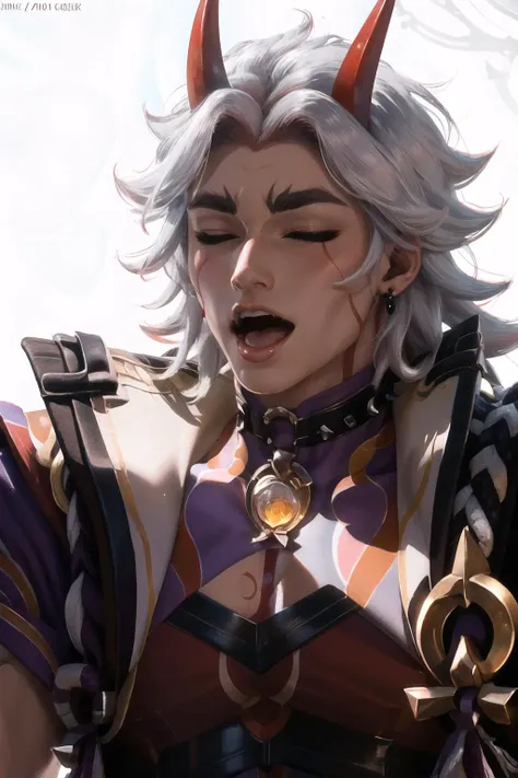 Highly detailed, High Quality, Masterpiece, beautiful, solo, edgOrgasm, face focus, <lora:Expression_OrgasmingFace:1>, closed eyes, open mouth, blush, 1boy, male focus, arataki itto, horns, white hair, spikes, vision (genshin impact), jewelry, <lora:Char_G...