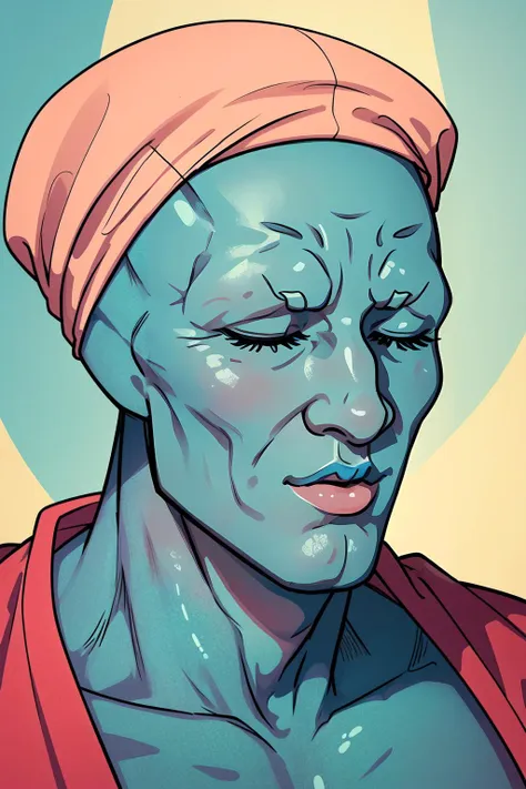 a close up of a person with a blue face and a red headband