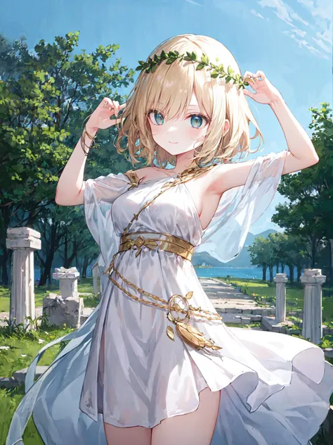 Greek Goddess of Mythology, 1 girl, best quality, ultra detailed, 
minor, platinum blond hair, medium hair, green eyes, (round eyes:1.4), happy, smile, medium breasts,
BREAK
greek clothes, peplos, (laurel crown:1.5), 
from front, cowboy shot, arms up, 
sto...