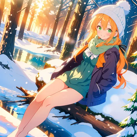 winter,god rays,yellow light,frozen lake,snow,clouds,pine trees,log cabin,girl,green dress,snow hat,orange hair,smile,blush,bare foot,green eyes,thighs,hands in pockets,jacket,white scarf,busty,thigh gap,cute,full body,bow