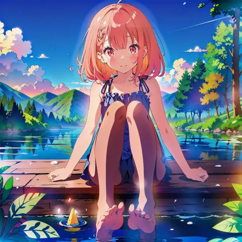 incredibly absurdres,in summer,day,lake,sky,forest,1girl,blonde hair,long hair,red eyes,black_pantyhose,slender,casual_one-piece_swimsuit,<lora:fmlorav1.2remaster:0.6>, feet,