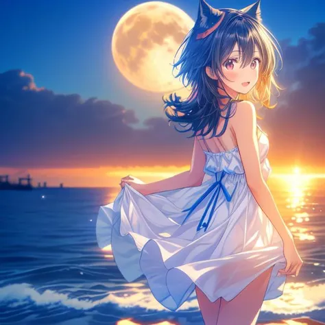 1girl,:d,bare_shoulders,barefoot,blue_theme,dress,floating_hair,from_side,full_moon,happy,red horizon,looking_at_viewer,moon,moonlight,nature,night,night_sky,ocean,outdoors,see-through_silhouette,shadow,sky,sleeveless,sleeveless_dress,smile,solo,sparkle,st...