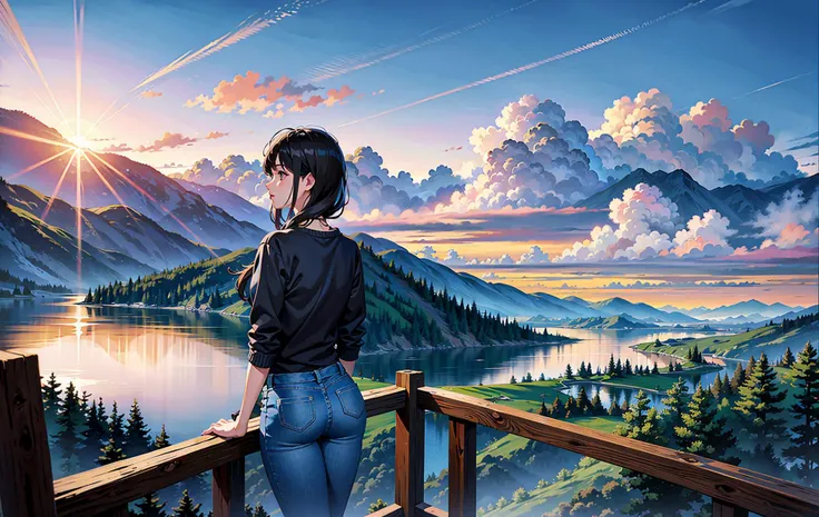 highres, absurdres, masterpiece, high quality, highly detailed, scenery of a mountain range, forest, nature, river AND 1girl, in jeans and sweater looking out over a large forest in the background, from behind