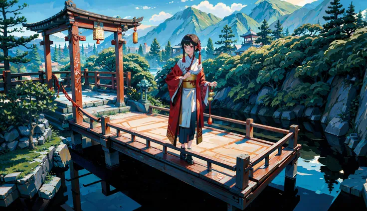 ancient china, open view, cozy, beautiful,
girl,hanfu,coil ones hair
 landscape garden, pavilion, Mahogany chair, rockery, ancient Chinese wooden architecture,  Corridor bridge, return to the ancients, oil lamp peaceful,scenery with hills and waters,pond.