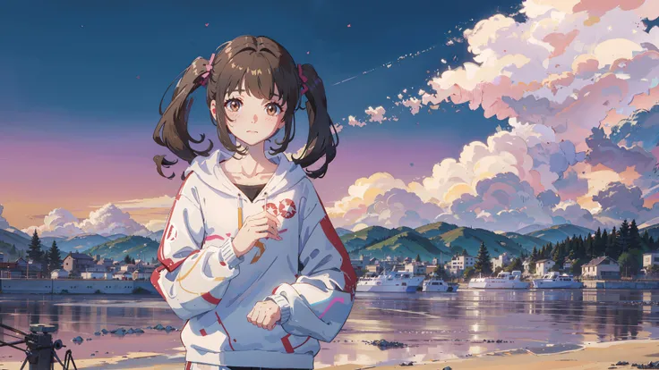 masterpiece, best quality,
1girl, bangs, black hair, blush, brown eyes, closed mouth, collarbone, eyebrows visible through hair, gradient, long sleeves, looking at viewer, sleeves past wrists, solo, sweater, twintails, upper body, white sweater,
cloudy sky...