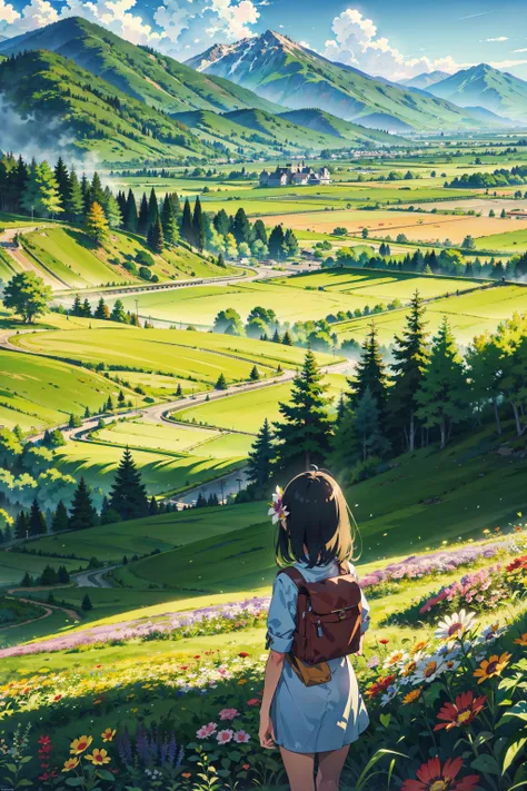 flatlands, mountain, grass, (flower field:1.3),1girl,