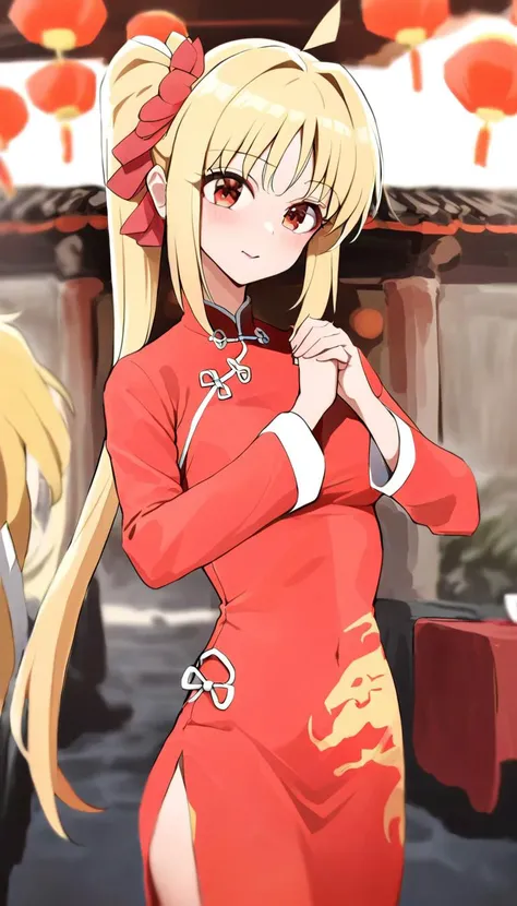 masterpiece, best quality, btr-nijika, 1girl, blonde hair, solo, side ponytail, skirt, long hair, ahoge, red bow on neck, red qipao, chinese new year, (bainian pose, palm-fist greeting:1)<lora:bocchi_xl:1.3>   <lora:bainianPoseXL:1>