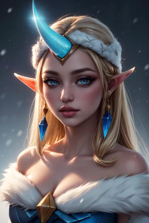 (ultra realistic,32k, masterpiece:1.2),(high detailed skin:1.1), 8k uhd, dslr, high quality,(makeup, mascara:0.9), (thicklips),
 <lora:lol_winter_wonder_soraka:0.7>winter wonder soraka, 1girl, single horn, fur-trimmed dress, bare shoulders, earrings, blond...