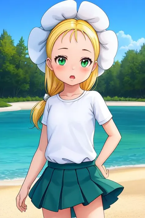 a girl in a white shirt and green skirt standing on a beach