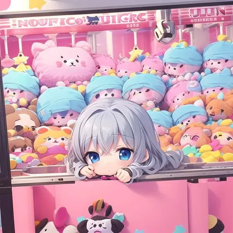 there is a girl that is looking at a bunch of stuffed animals