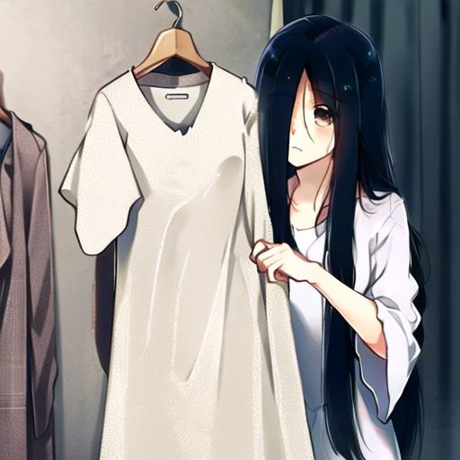 masterpiece, best quality,ultra-detailed,  sadako_yamamura,  <lora:Sadakobest:0.9>, whitedress,    <lora:fittingRoom_fittingRoomV1:.6>,curtain grab,curtains,mirror,fitting room