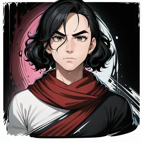 (masterpiece, best quality:1.1), pxint, 1boy, male focus, serious face, looking at viewer, alejandro, olive and sienna, curly black hair, chin-length, red scarf, brown eyes, thick eyebrows, detailed eyes, portrait, flowing, with a splash of paint, (abstrac...