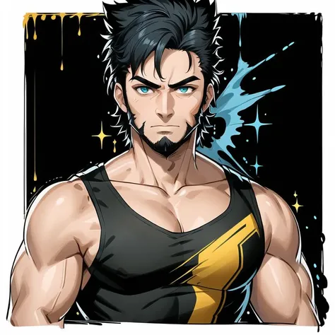 (masterpiece, best quality:1.1), pxint, 1boy, male focus, serious face, looking at viewer, (wolverine:1.05), blue black and yellow, black hair, sideburns, white tank top, muscular build, bushy eyebrows, stubble, detailed eyes, portrait, flowing, with a spl...