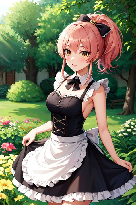 masterpiece, best quality, highres, aamika, ponytail, hair bow, <lora:jougasaki_mika_v1:0.7>, maid, maid headdress, apron, black dress, skirt hold, smile, garden, standing,