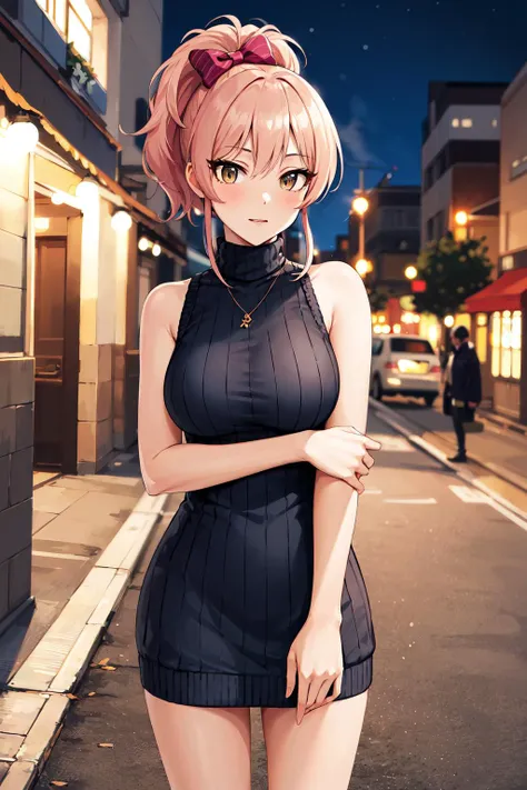 masterpiece, best quality, highres, aamika, ponytail, hair bow, <lora:jougasaki_mika_v1:0.7>, sweater dress, ribbed sweater, virgin killer sweater, turtleneck, sleeveless, outdoors, standing, night, street,