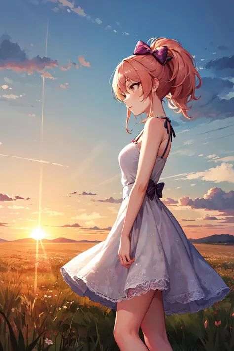 masterpiece, best quality, highres, aamika, ponytail, hair bow, <lora:jougasaki_mika_v1:0.7>, sundress, sunset, field, standing, from side