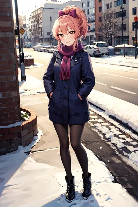 masterpiece, best quality, highres, aamika, ponytail, hair bow, <lora:jougasaki_mika_v1:0.7>,  outdoors, snow, winter clothes, scarf, pantyhose, hand in pocket, full body,