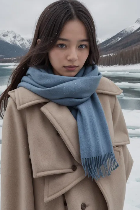 a woman in a coat and scarf standing in the snow