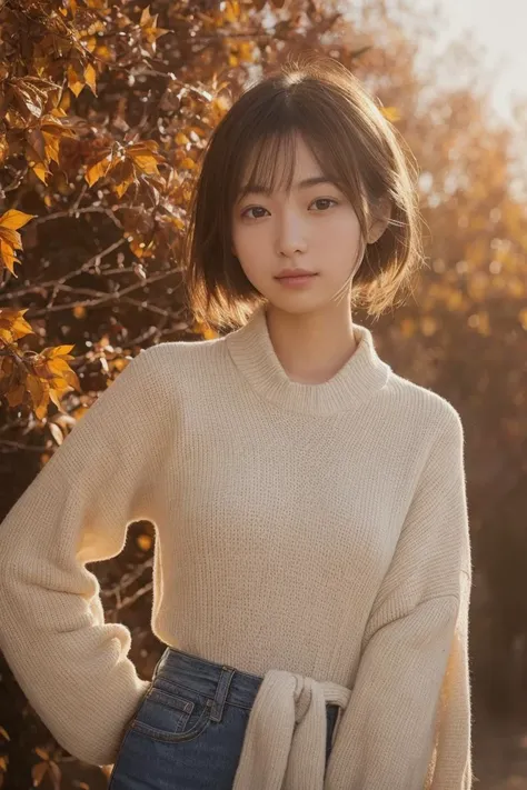 a woman in a white sweater and jeans standing in front of a bush