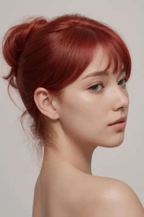 a woman with red hair and a messy bun in her hair