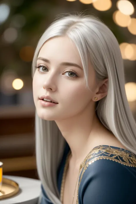 a woman with long white hair sitting at a table with a candle