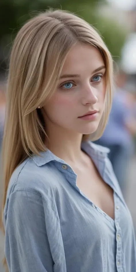 a close up of a woman with long blonde hair and blue eyes