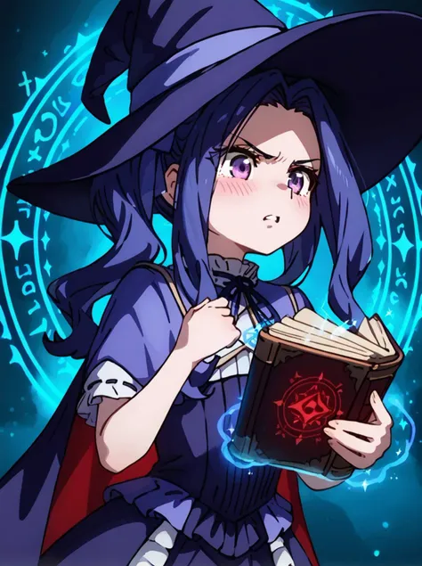 a woman in a witch hat holding a book