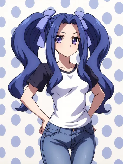 a close up of a cartoon girl with blue hair and a white shirt