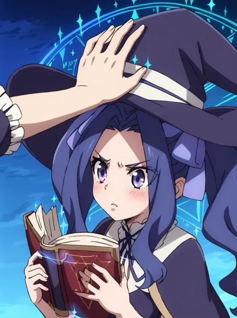 anime girl with long hair and purple hair holding a book