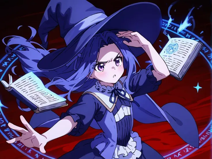 anime girl in a witch costume holding a book and a wand