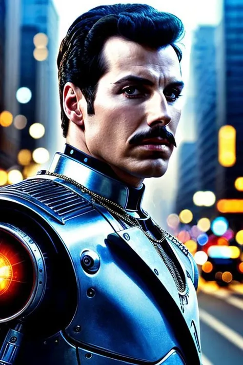 Cinematic masterpiece of freddy mercury from queen singing, pretty face, cyberborg, robotic bodyparts, city lights, hyperrealistic, 8k real photo shoot