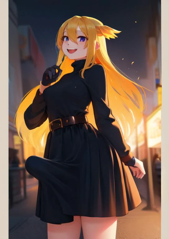 (masterpiece, best quality:1.2), extremely detailed, soft ambient lighting, sharp focus, 4K, BREAK 1girl, tall girl, (long blonde hair, blue colored inner hair:1.2), hikimayu, hair between eyes, purple eyes, small pupils, (crazy eyes, crazy smile), black t...