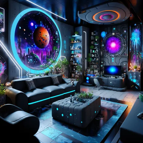 a brightly lit living room with a large space themed wall