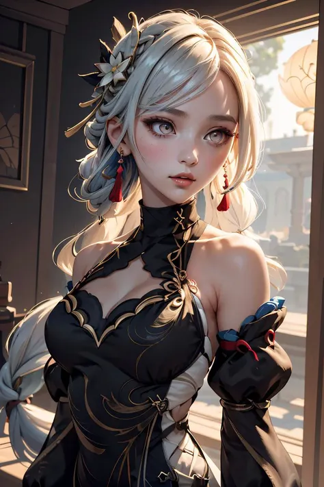 (masterpiece, best quality), 1girl, <lora:shenhefrostflowerdew-gi-richy-v1:1> shenhefd, braid, hair ornament, hair over one eye, earrings, dress, detached sleeves, tassel