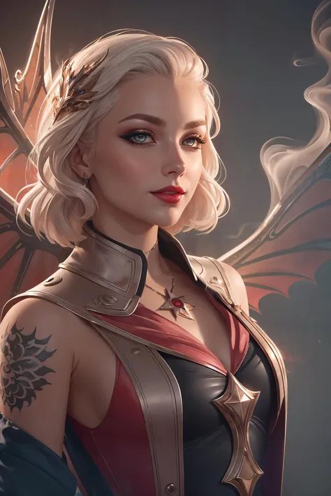 very complex hyper-maximalist overdetailed cinematic tribal fantasy closeup macro portrait of a heavenly beautiful young royal dragon queen with long platinum blonde windblown hair and dragon scale wings, Magic the gathering, pale wet skin and dark eyes an...