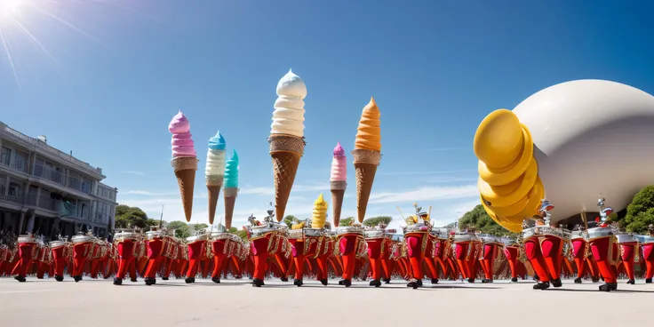 (low-angle view:1.5), award winning landscape concept photo (a whimsical intergalactic parade, featuring floats shaped like oversized ice cream cones, dancing aliens, and a marching band of robotic musicians in the background:1.3), (colorful, sunlight, day...