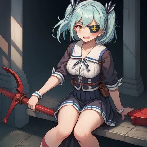 anime girl sitting on a bench with a red shovel